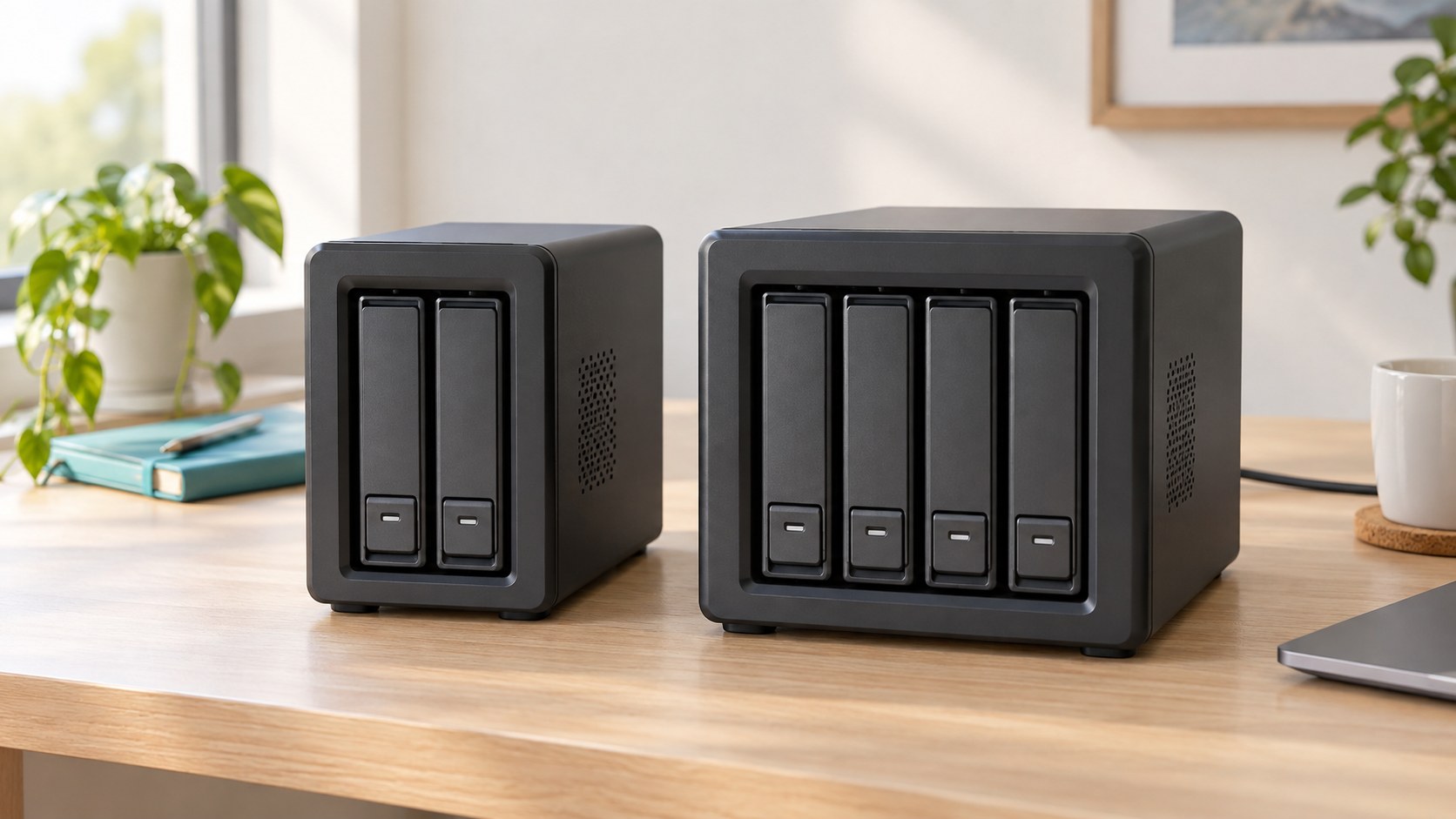 AI illustration of generic equipment for Two-Bay or Four-Bay NAS? Buy Room for Your Next Files; not the named products.