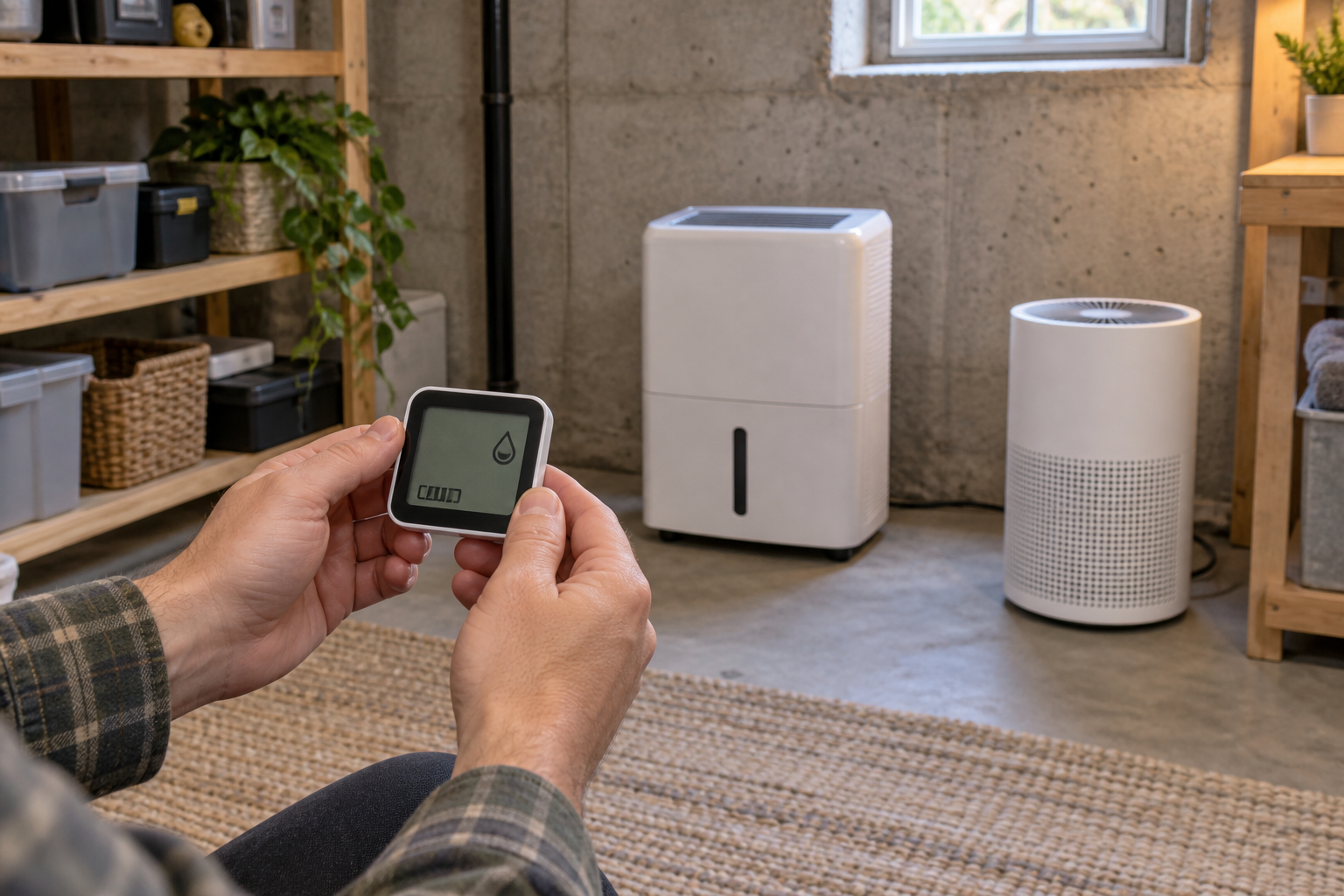 AI illustration of a humidity meter and two generic air-treatment appliances in a basement.