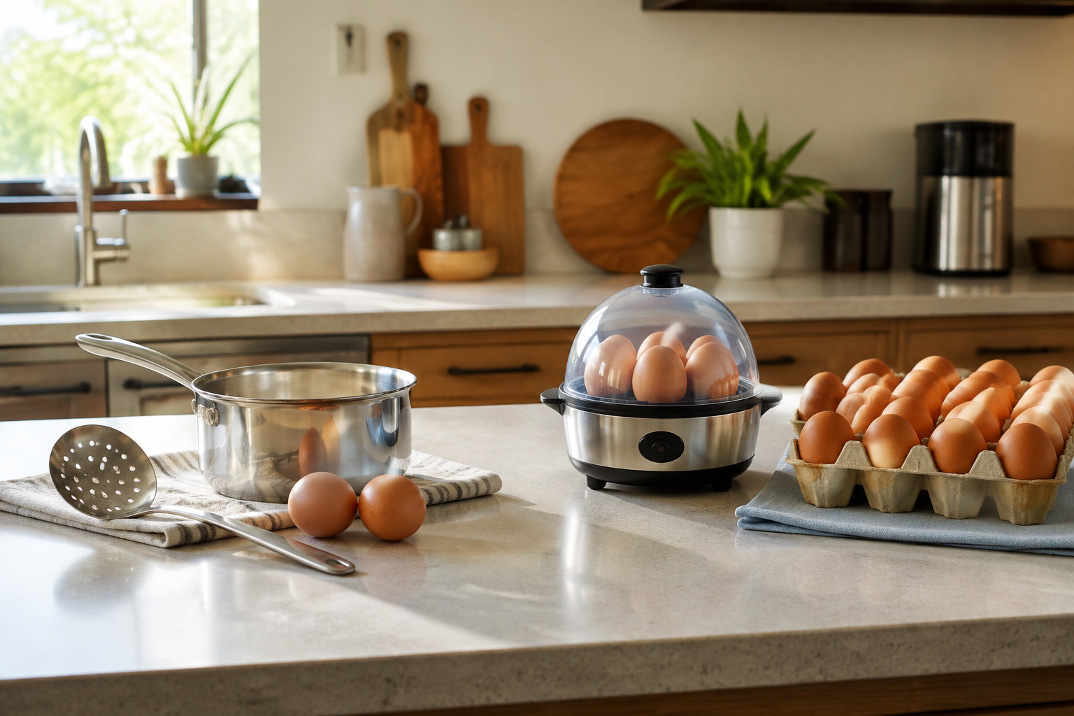 A home breakfast counter divided between a saucepan with two eggs and a compact egg cooker beside a larger weekly batch.