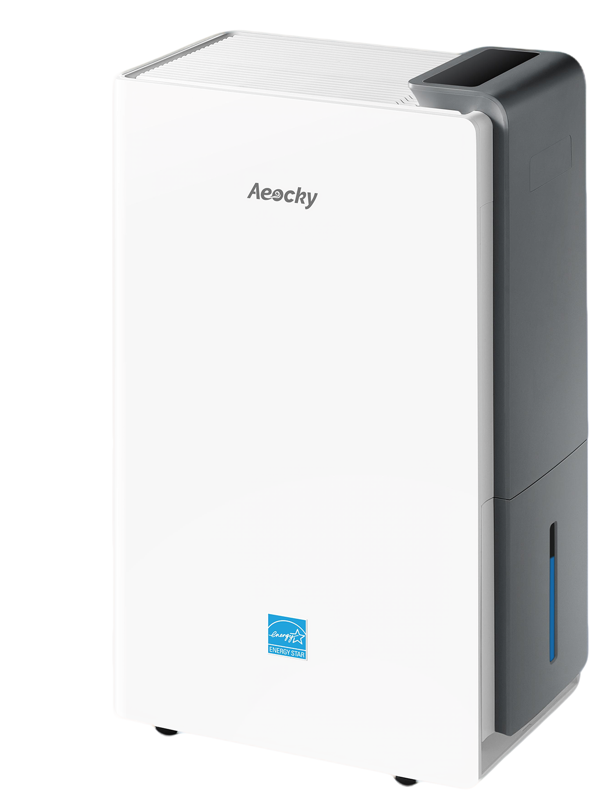 Exact white and dark gray AEOCKY Rhea-003 dehumidifier shown from the front-right in AEOCKY's official manufacturer rendering.