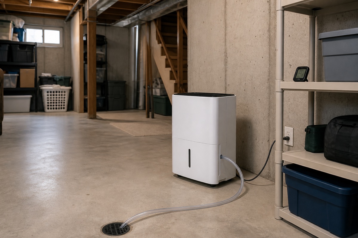 Unbranded portable dehumidifier in a clean unfinished basement with a clear hose routed downhill to a floor drain.
