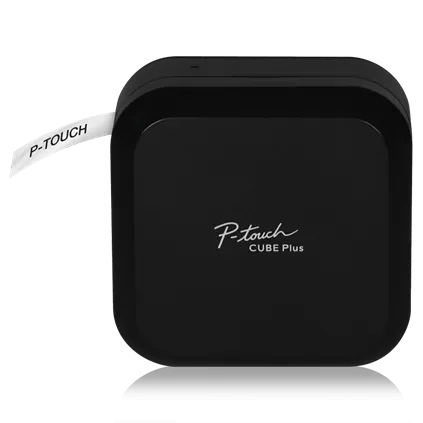 Official front view of the black Brother P-touch CUBE Plus PT-P710BT connected label printer with a short printed tape strip.
