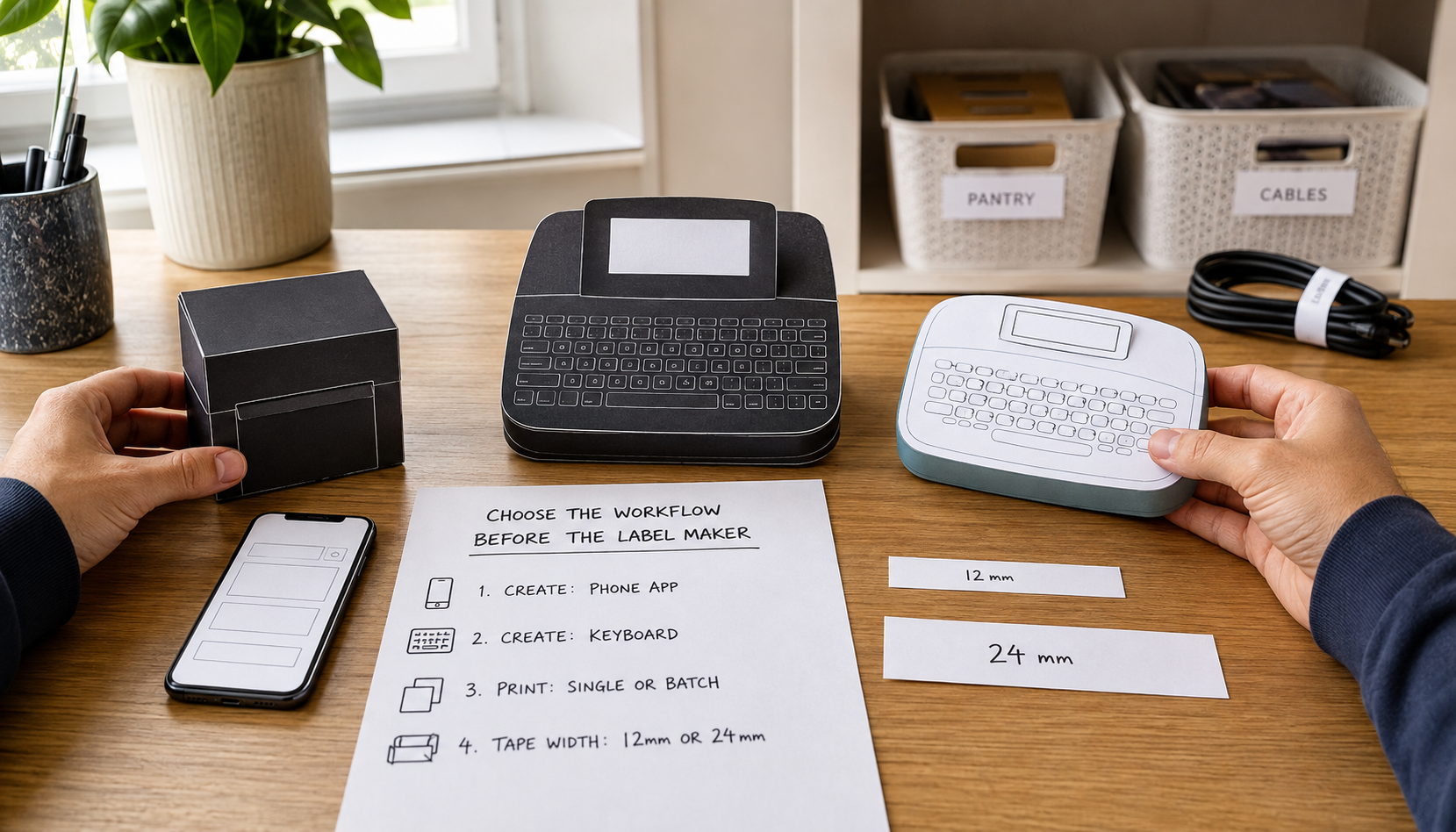 Hands comparing paper mockups of phone-first, desktop-keyboard, and compact label makers beside 12-millimeter and 24-millimeter paper label strips.