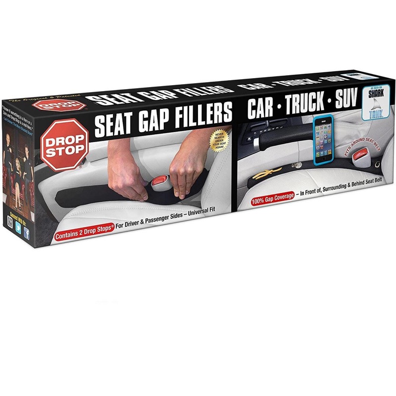 Drop Stop Original Car Seat Gap Filler retail package showing the two soft fillers and seat-belt buckle opening.