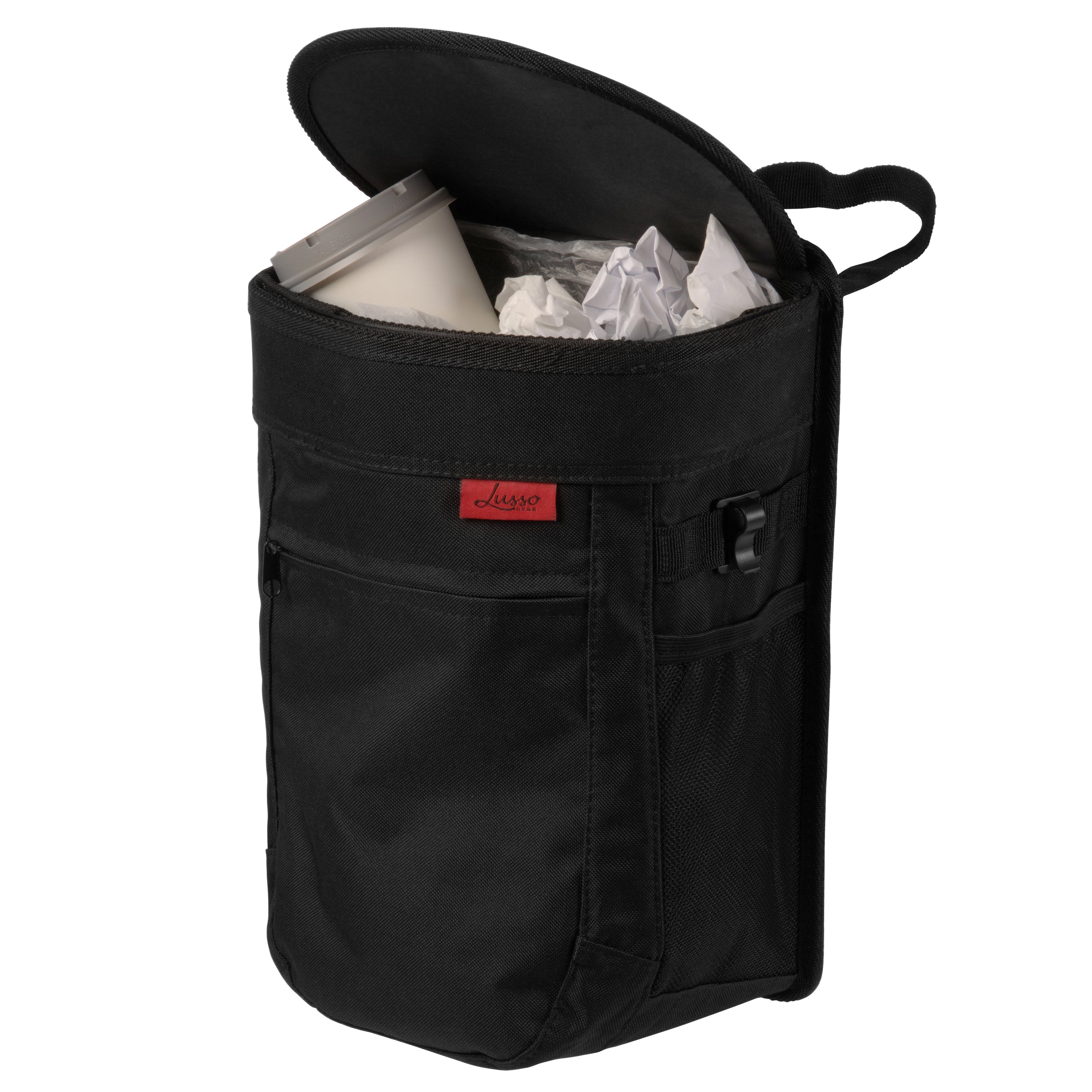 Official black Lusso Gear 2.5-gallon car trash can with lid, side pockets, strap, and removable liner on a white background.