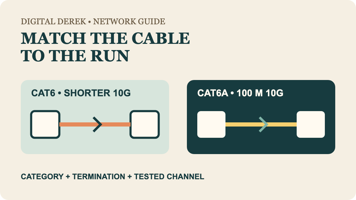 Original schematic comparing a shorter Cat6 10-gigabit path with a full 100-meter Cat6A 10-gigabit channel; it is not a cable certification result.