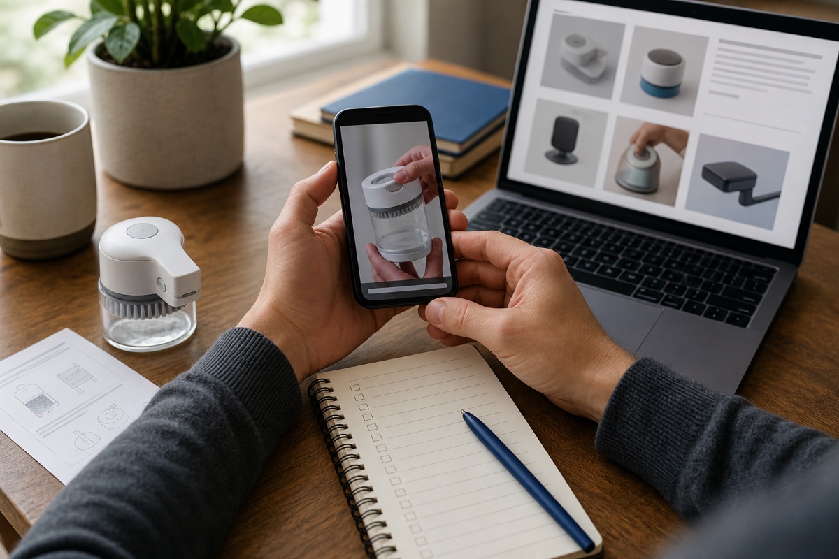 Hands compare a generic product demonstration on a phone with instructions, a research page, and a blank checklist at a home desk.