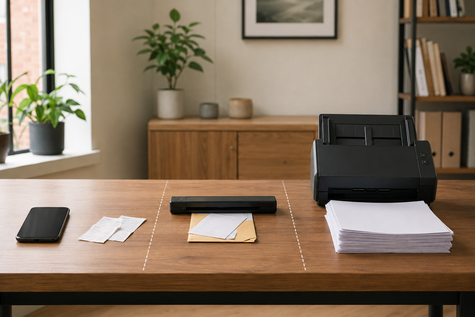 A home-office desk separates a phone with two receipts, a portable scanner with a small stack, and a desktop feeder with a large document pile.