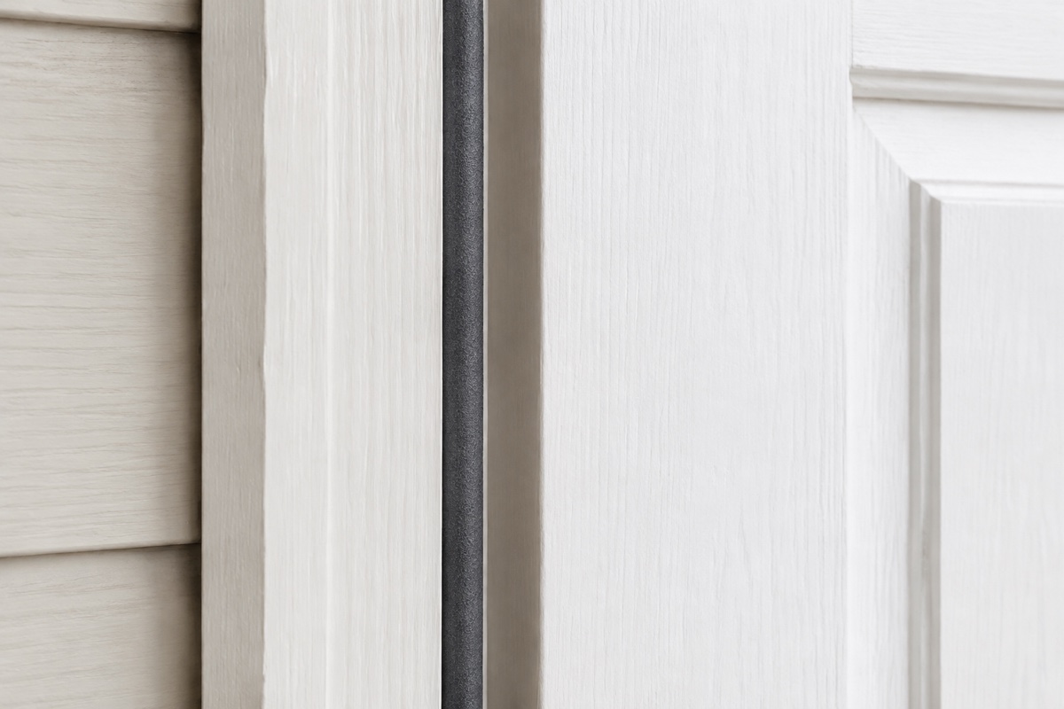 Close-up of a dark gray compression weatherstrip seated along a white exterior door jamb beside a slightly open white door.