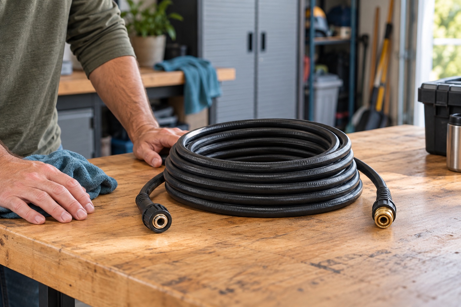 AI illustration of an unbranded replacement pressure washer hose on a garage workbench; connector shapes are illustrative, not a fit reference.