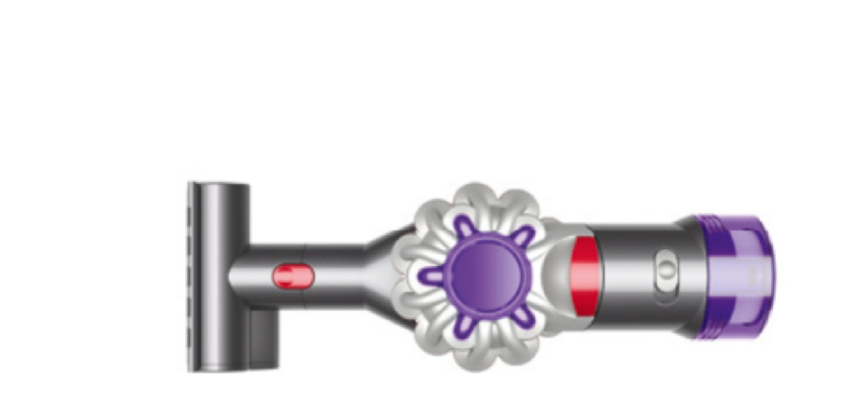 Exact silver and purple Dyson Car+Boat handheld vacuum shown from the side in an official technical specification rendering on a white background.