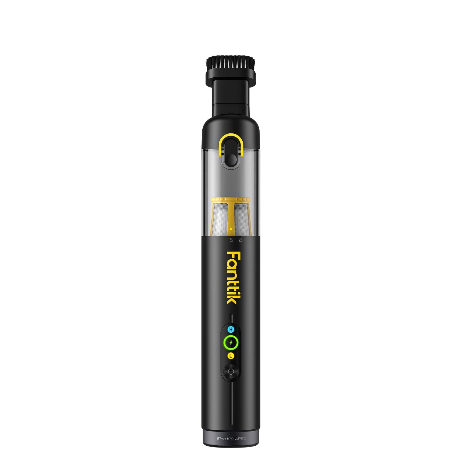Exact black and yellow Fanttik Slim V10 APEX cordless car vacuum standing upright with its compact body and nozzle visible on a white background.