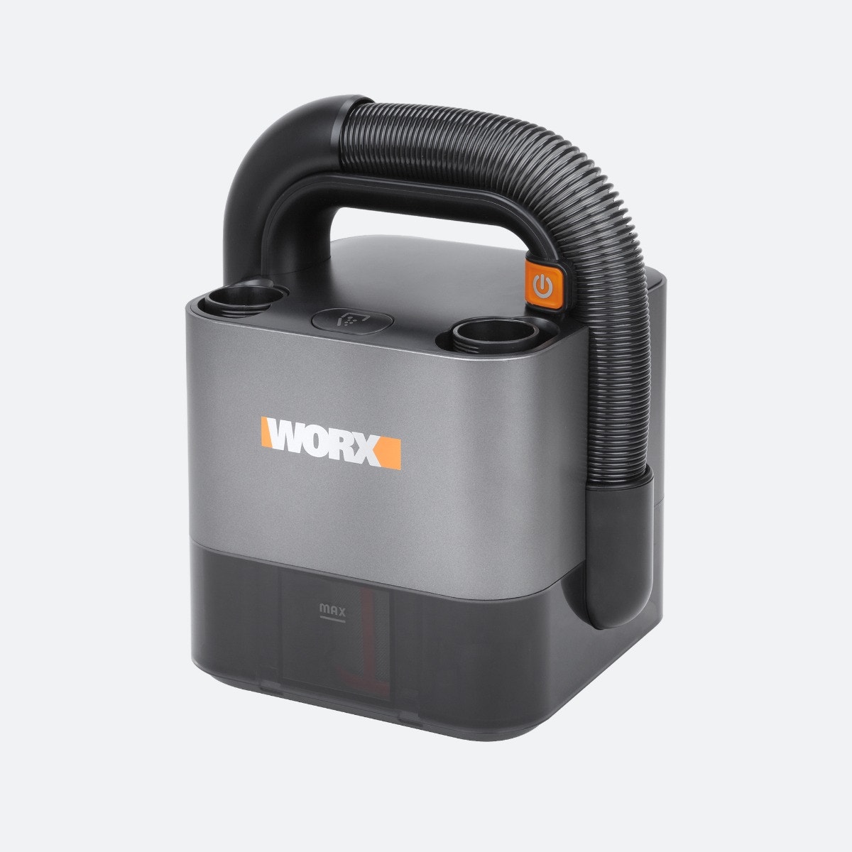 Exact black WORX WX030L cube vacuum body with flexible hose and onboard tools on a white background; the kit battery and charger are not pictured.