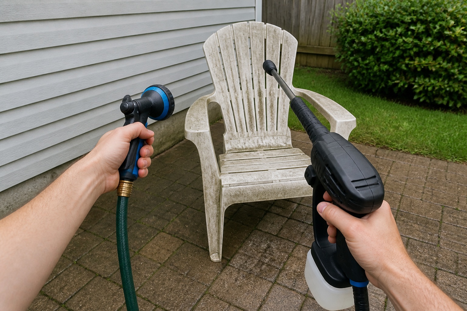Hands compare a garden-hose nozzle with a generic cordless power-cleaner wand in front of a weathered patio chair.