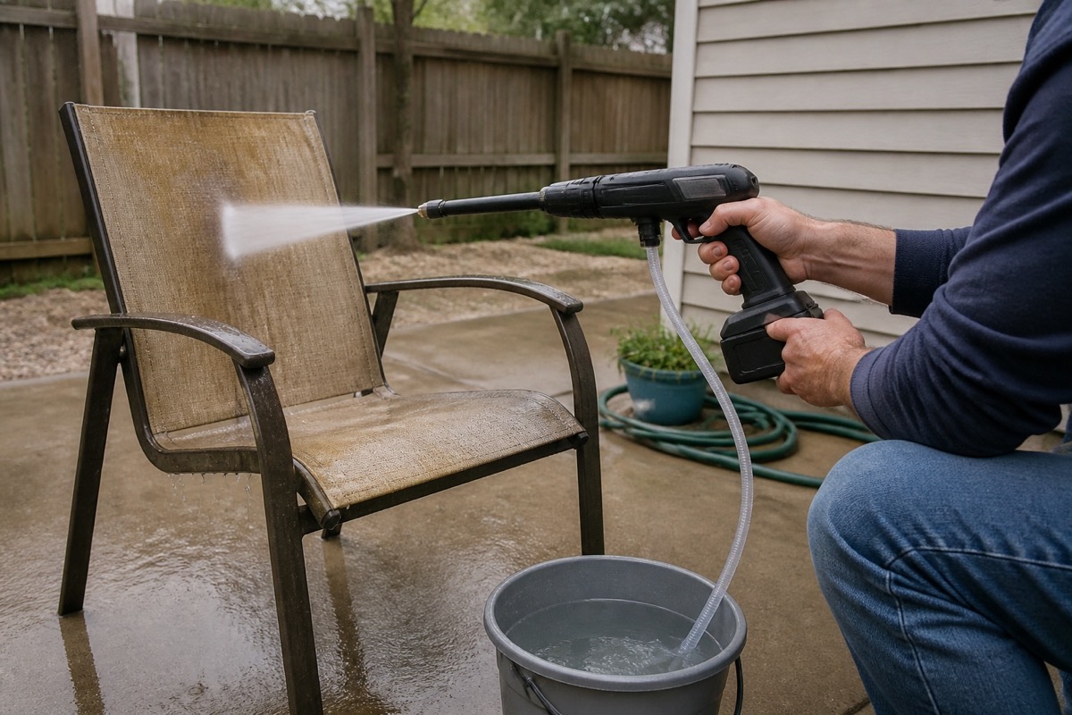 Adult uses a generic bucket-fed cordless power cleaner to rinse an outdoor patio chair in an ordinary backyard.