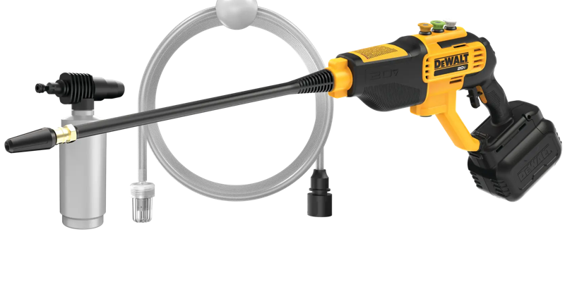 DEWALT DCPW550B 20V MAX cordless power cleaner with hose, nozzles, and bottle adapter on a white background.