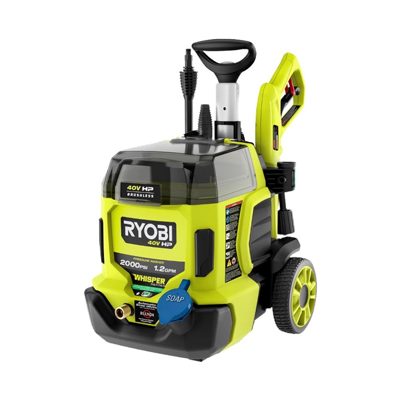 Ryobi RY40306 40V HP Brushless 2000 PSI pressure washer with frame, hose, wand, and wheels on a white background.