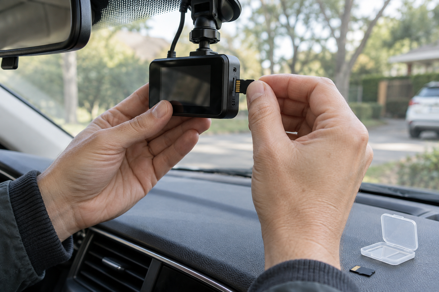 AI editorial image of hands inserting an unbranded microSD card into a generic dash camera inside a parked car.