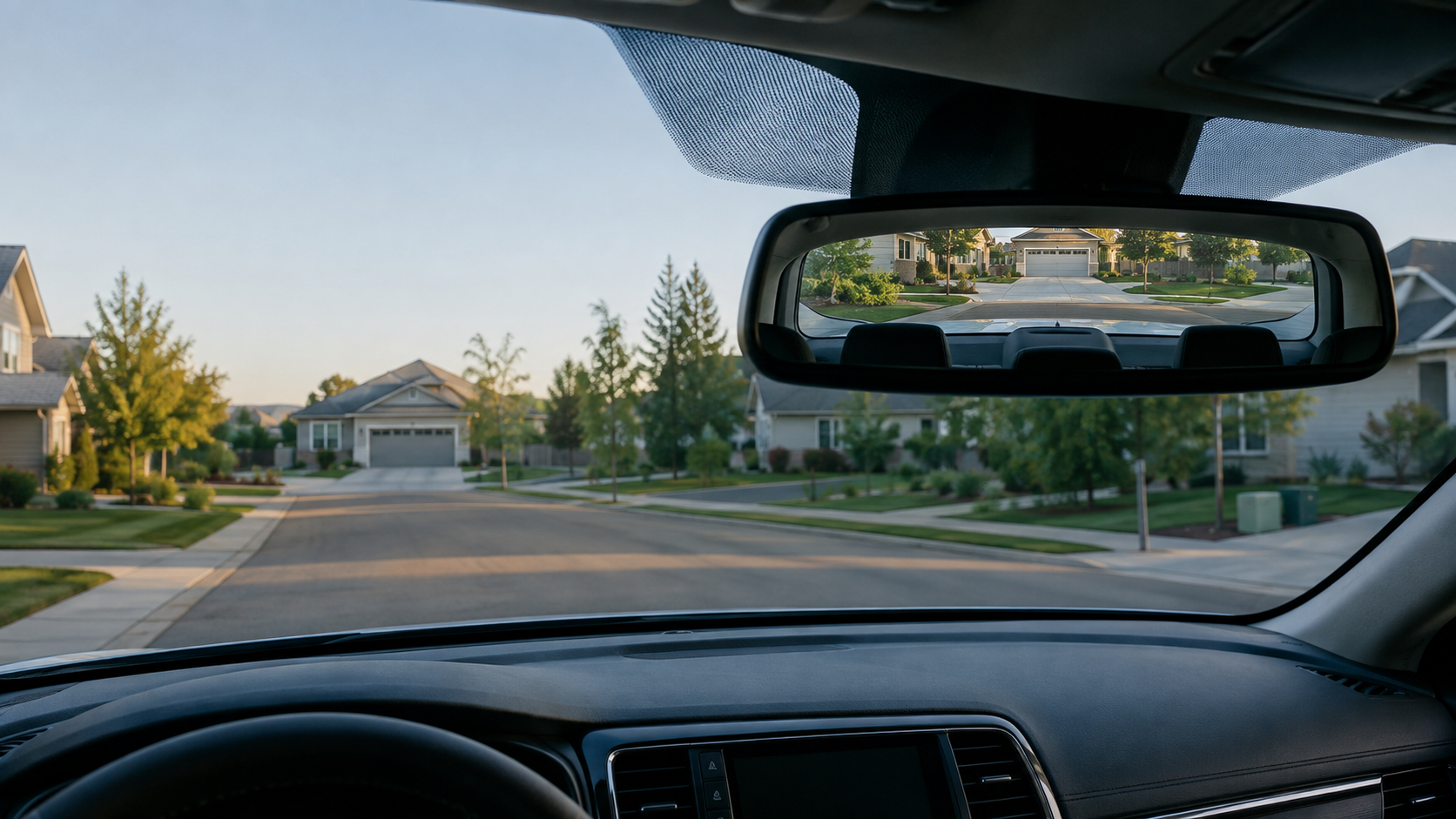 An empty parked car seen from inside, with the windshield showing the road ahead and the rear-view mirror showing the road behind.