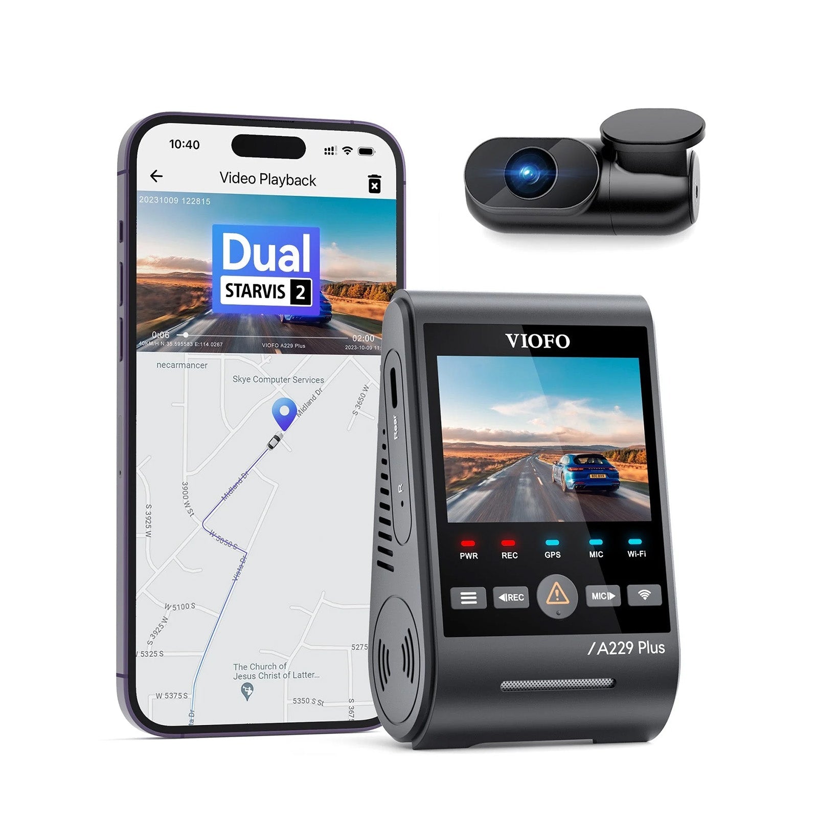 Official VIOFO A229 Plus 2CH front-and-rear dash-camera kit with the two camera units and accessories on a white background.