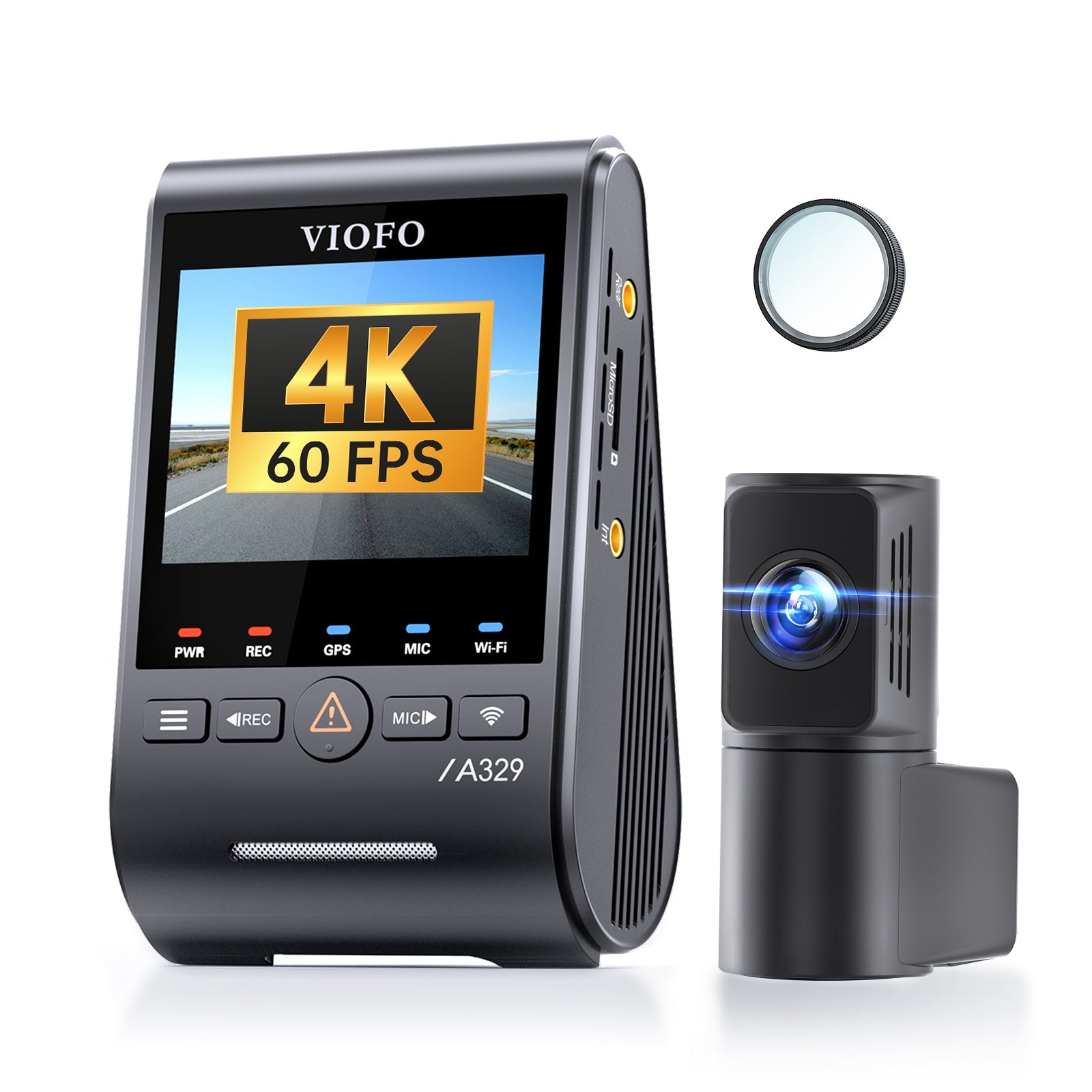 Official VIOFO A329S 2CH front-and-rear dash-camera kit with the front unit, rear unit, mounts, and connecting cables on a white background.