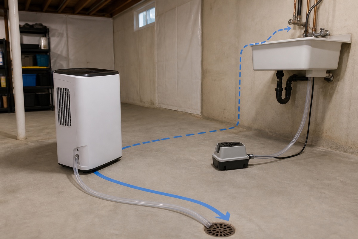Unbranded dehumidifier, gravity hose, and separate condensate pump arranged in a clean basement to compare lower-drain and elevated-sink routes.