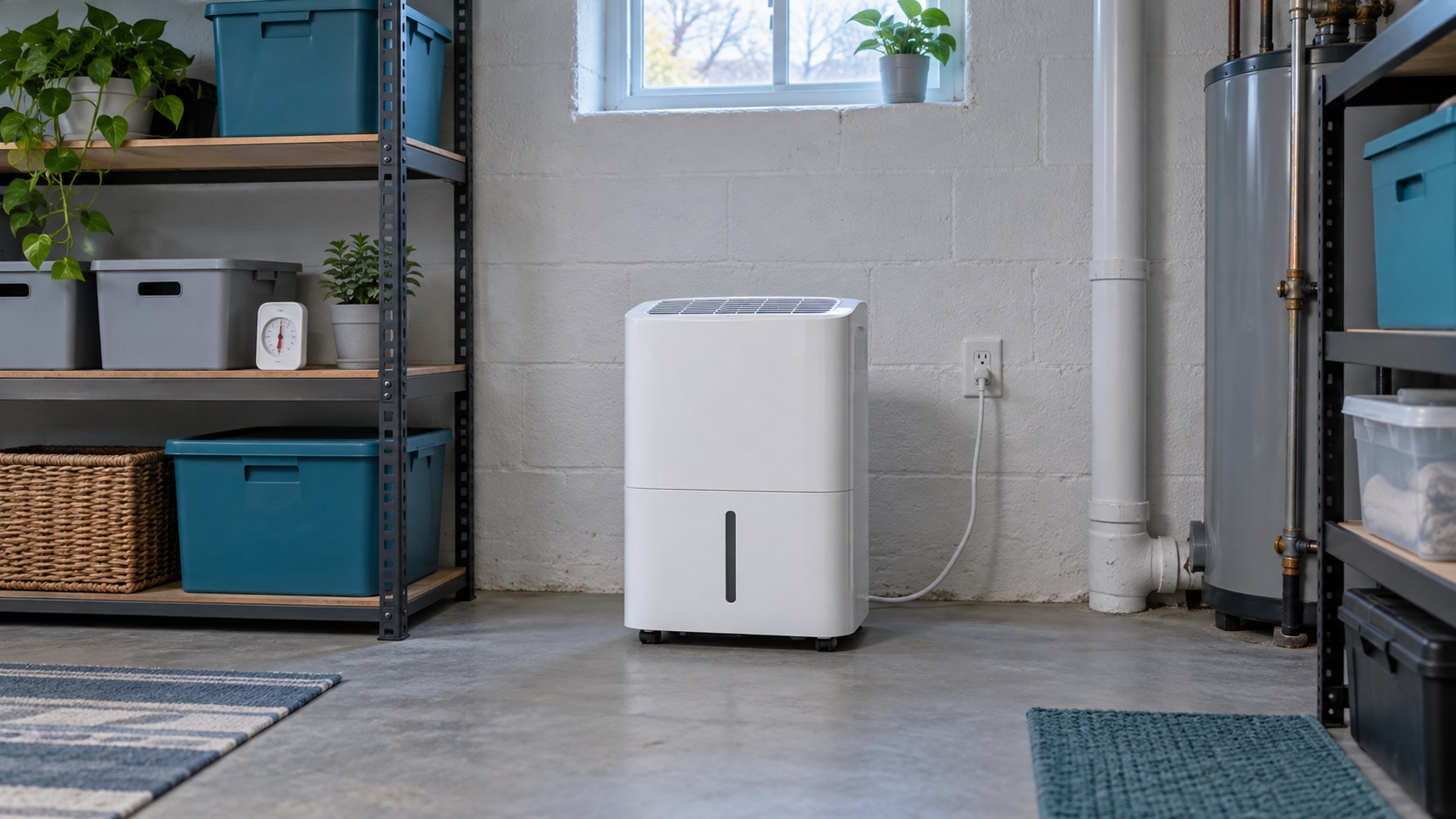 AI illustration of a generic dehumidifier in a bright basement utility room; not the named model.
