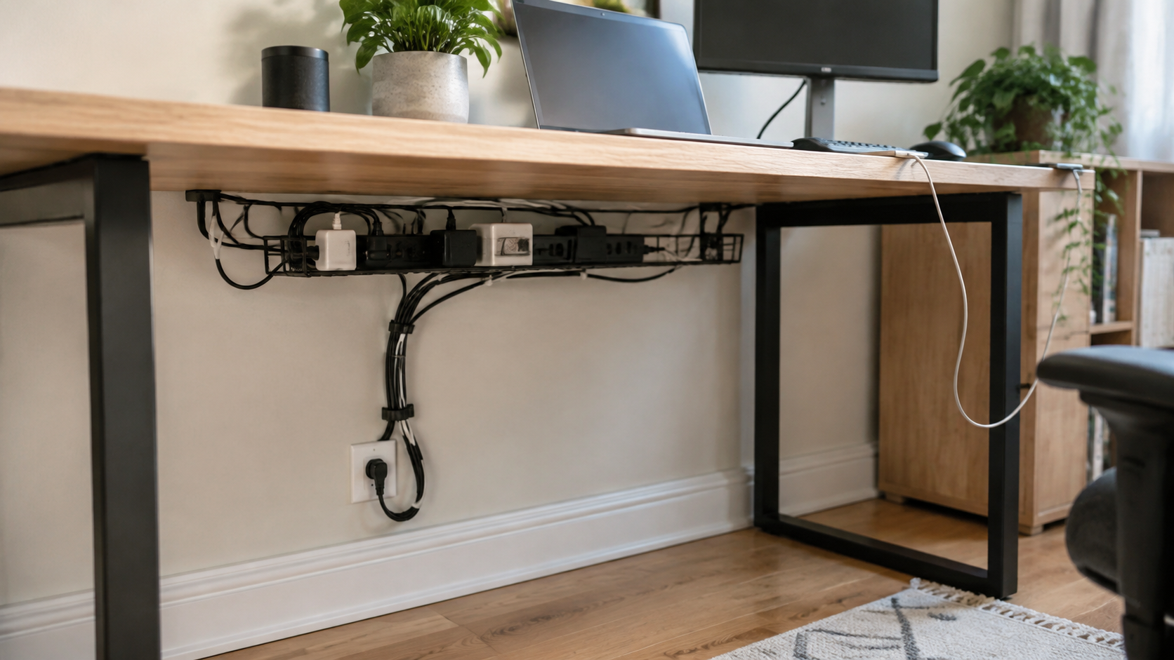 A tidy home-office desk with a cable tray holding a power strip and adapters underneath, one accessible charging cable on top, and a controlled cord route to the wall outlet.
