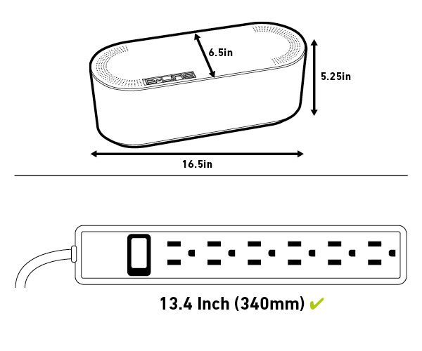 Official D-Line diagram of the large cable-management box showing its 16.5-by-6.5-by-5.25-inch exterior dimensions.
