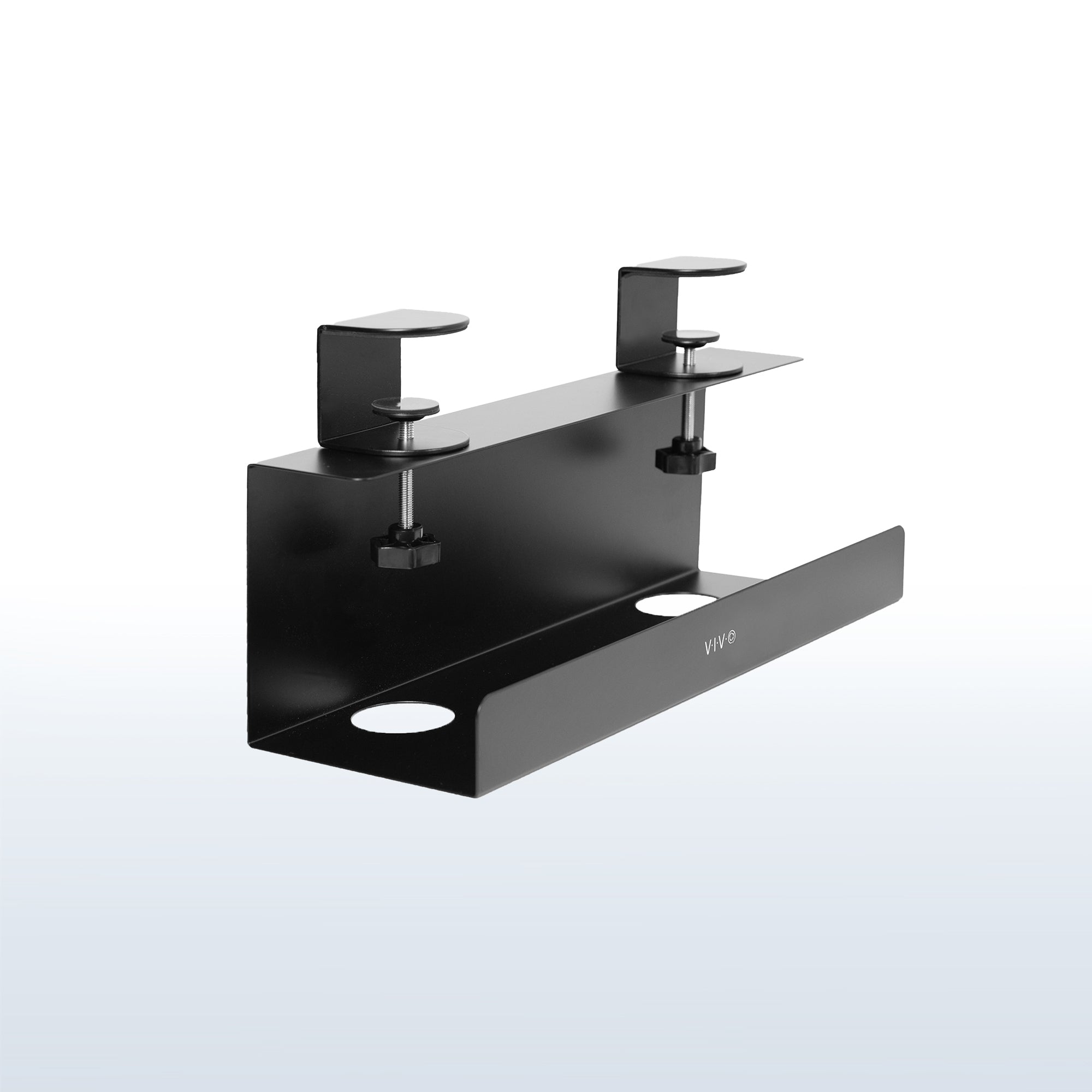 Black VIVO DESK-CM6L-B steel cable-management tray with two padded hand-tightened desk clamps on a white background.