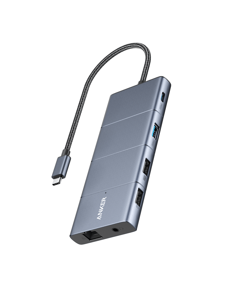 Manufacturer photo of the gray Anker 565 A8388 hub and attached USB-C host cable.
