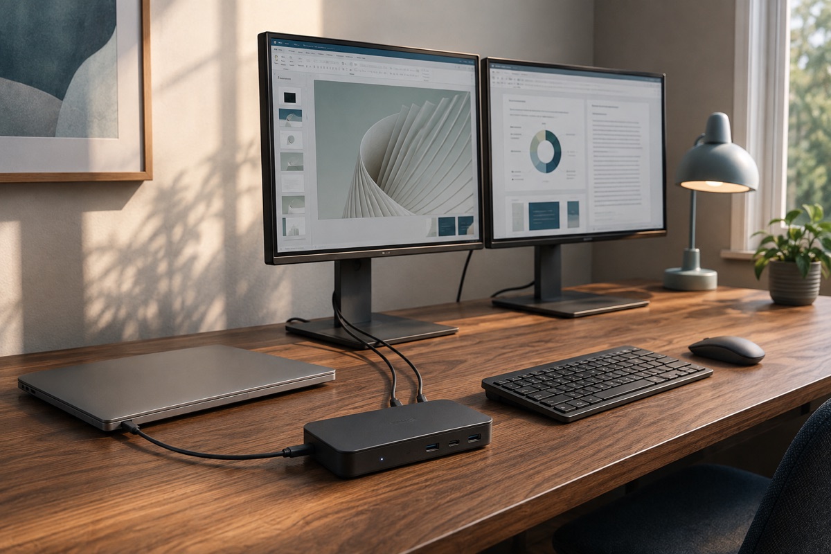 AI illustration of two desktop monitors, a closed laptop and a generic docking station in a home office.