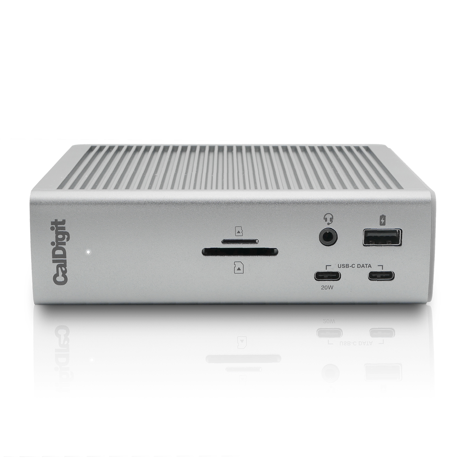 Manufacturer photo of the CalDigit TS4 in its horizontal position with front accessory ports visible.