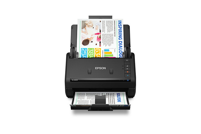 Epson WorkForce ES-400 II black duplex document scanner with input and output trays open.