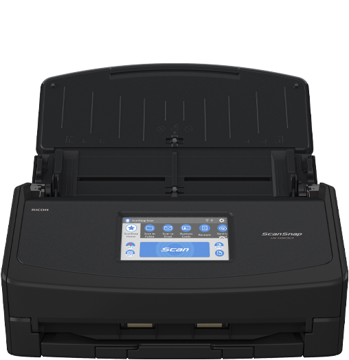 Ricoh ScanSnap iX1600 white document scanner with touchscreen and trays open.