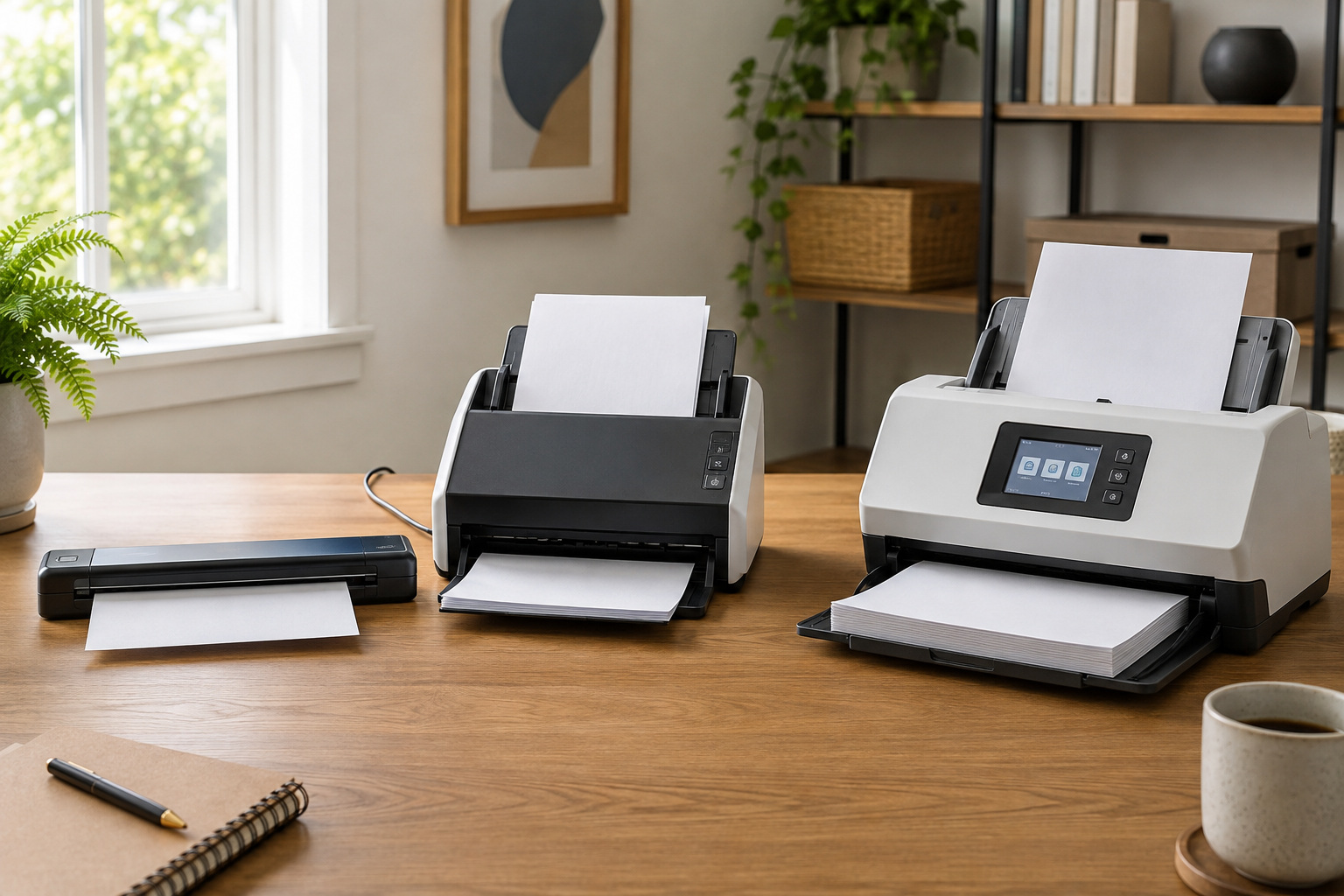 Three unbranded home-office scanner formats compare a slim portable scanner, a desktop document feeder, and a larger touchscreen feeder.