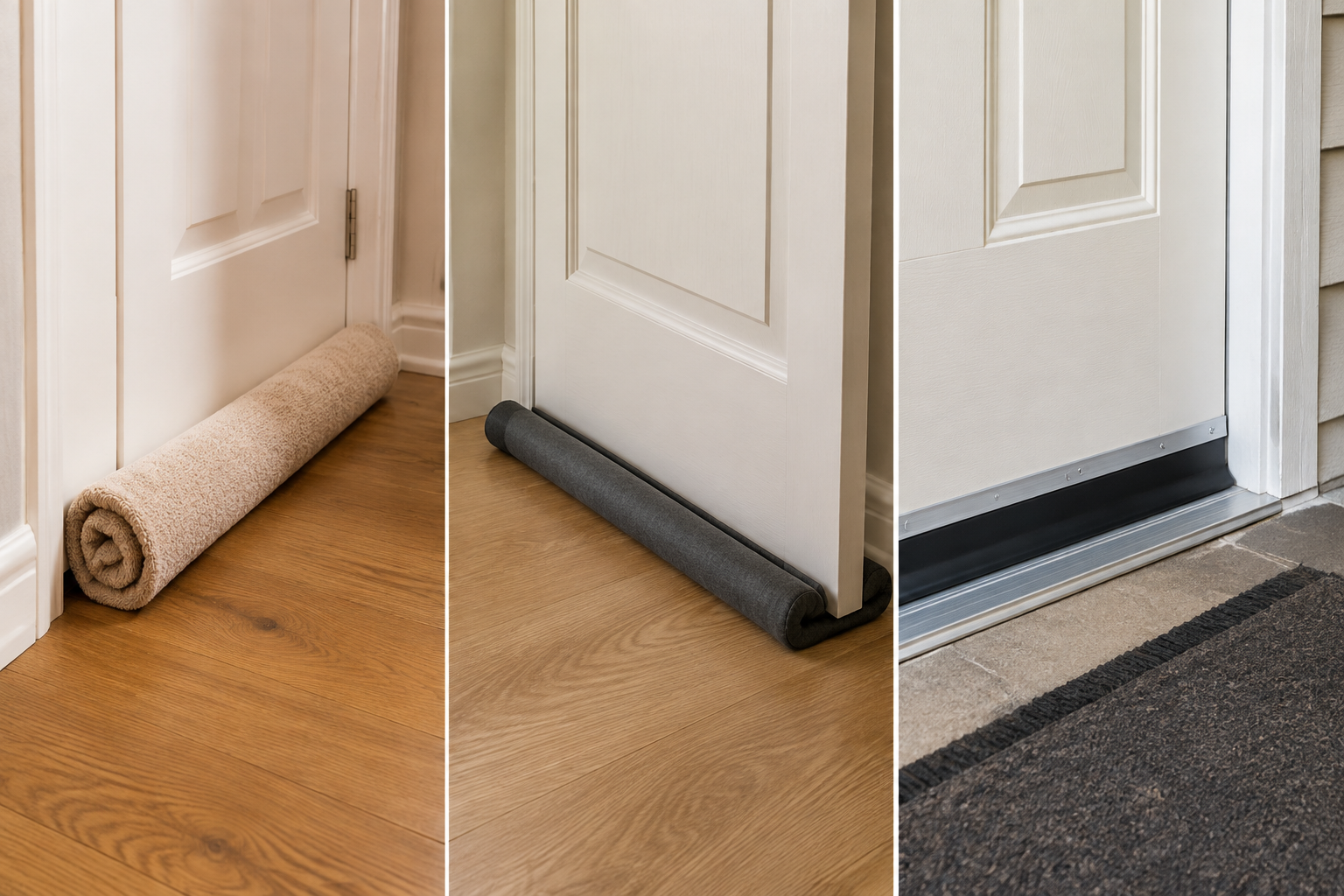 Three ordinary doorways showing a rolled towel, a double-sided under-door sleeve, and an installed rubber door sweep.