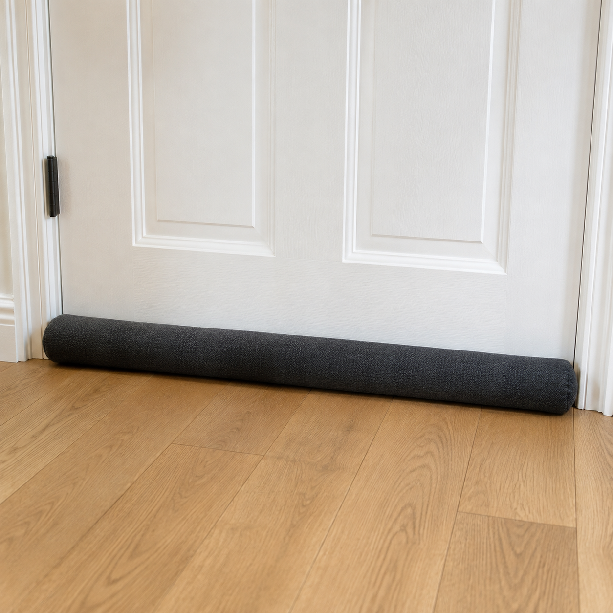 Original unbranded illustration of a charcoal fabric cylinder positioned along the room side of a white door bottom.