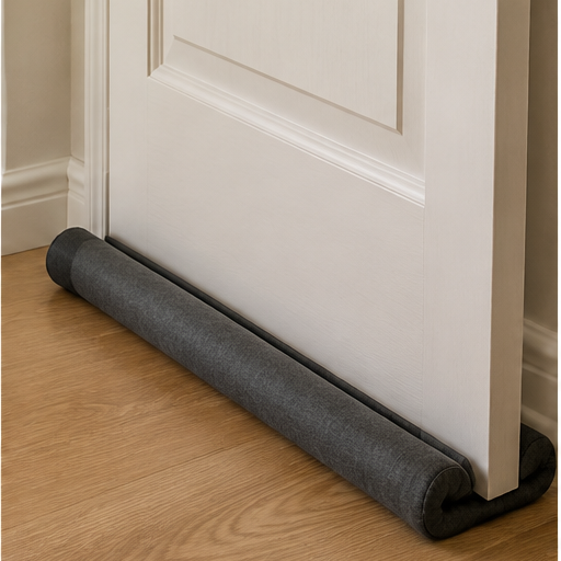 Original unbranded illustration of a dark fabric double-sided sleeve fitted beneath a white interior door.