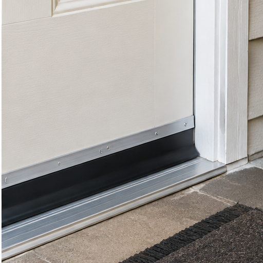 Original unbranded illustration of a slim aluminum-and-black-rubber screw-on sweep installed on a white exterior door.
