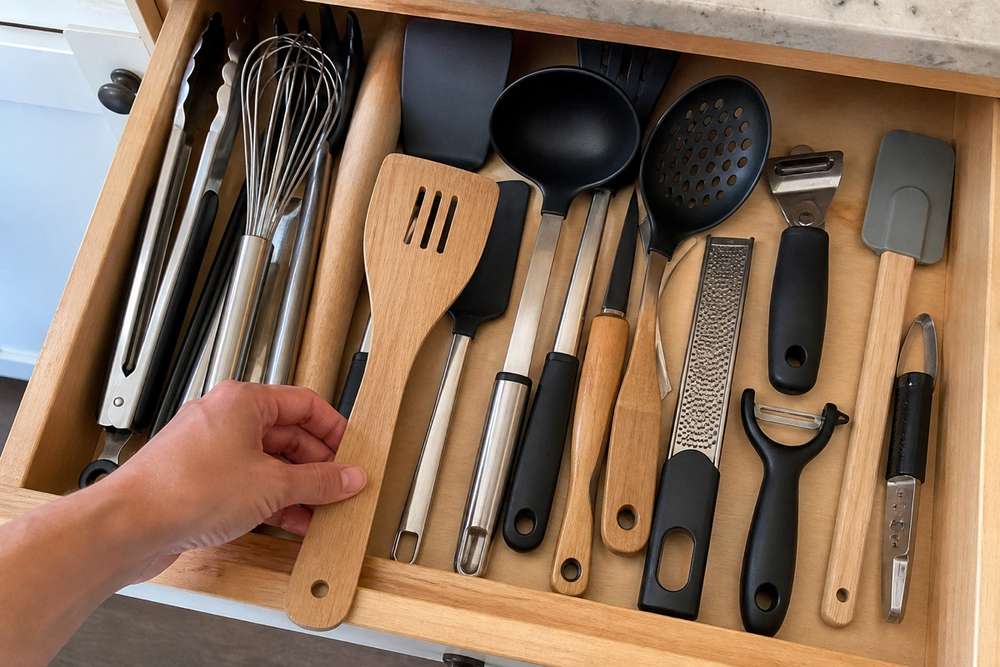 Hand arranges long and bulky cooking utensils inside an open wooden kitchen drawer before choosing an organizer.