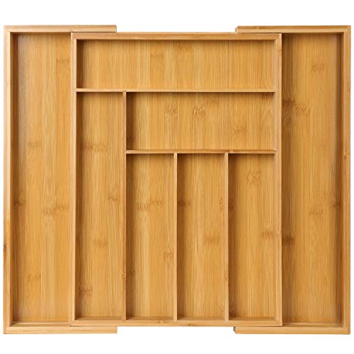 Pipishell PIBCT bamboo expandable drawer organizer shown empty and expanded on a white background.