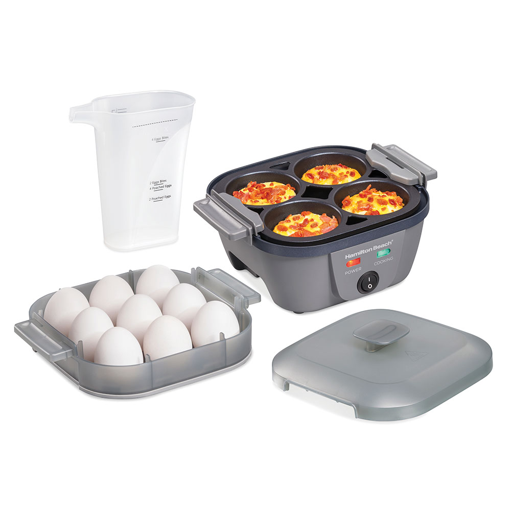 Hamilton Beach Egg Bites Plus 25510MN countertop cooker with black lid and silver base.
