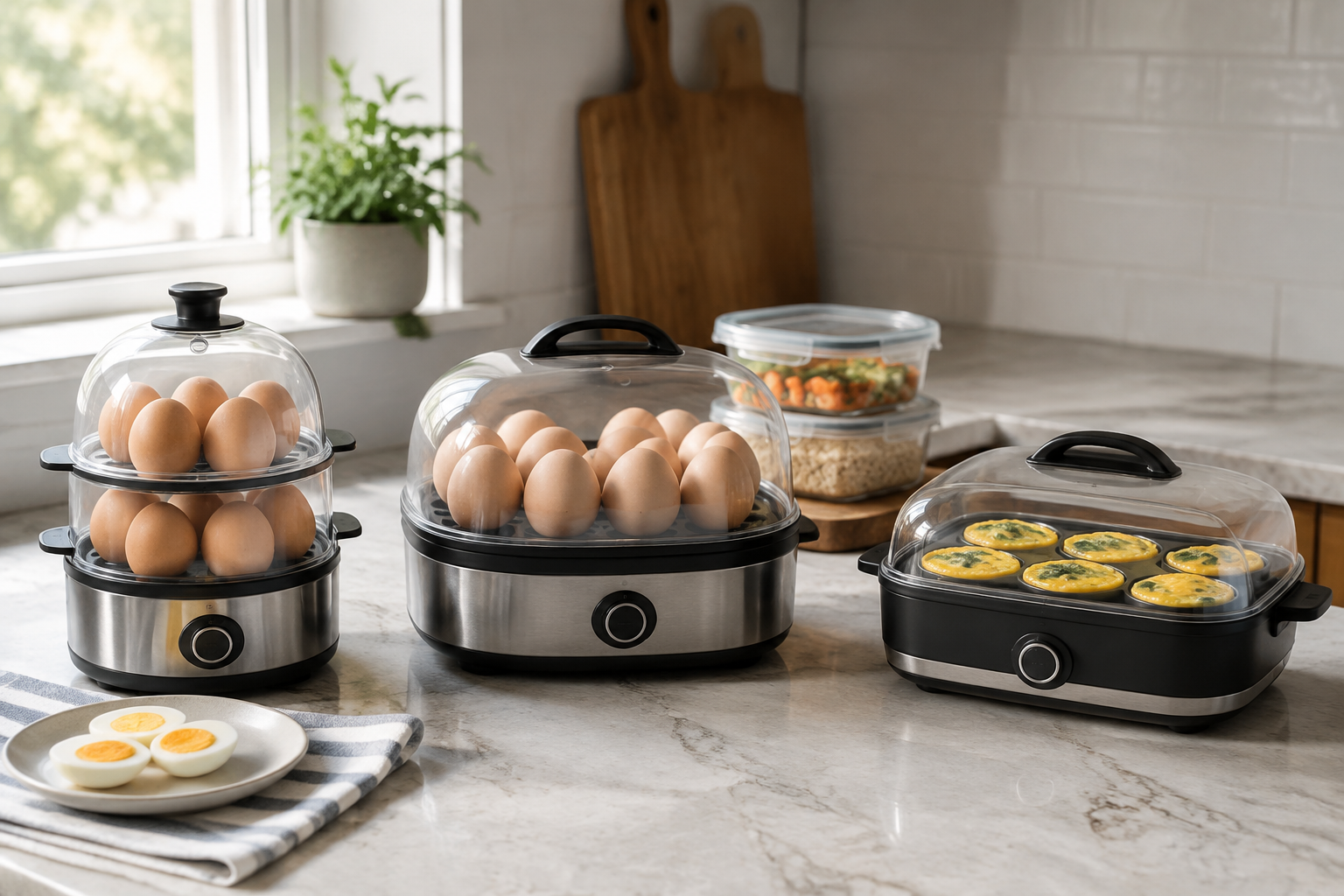 Three unbranded countertop egg-cooker formats arranged for all-around, large-batch, and egg-bite breakfast jobs.