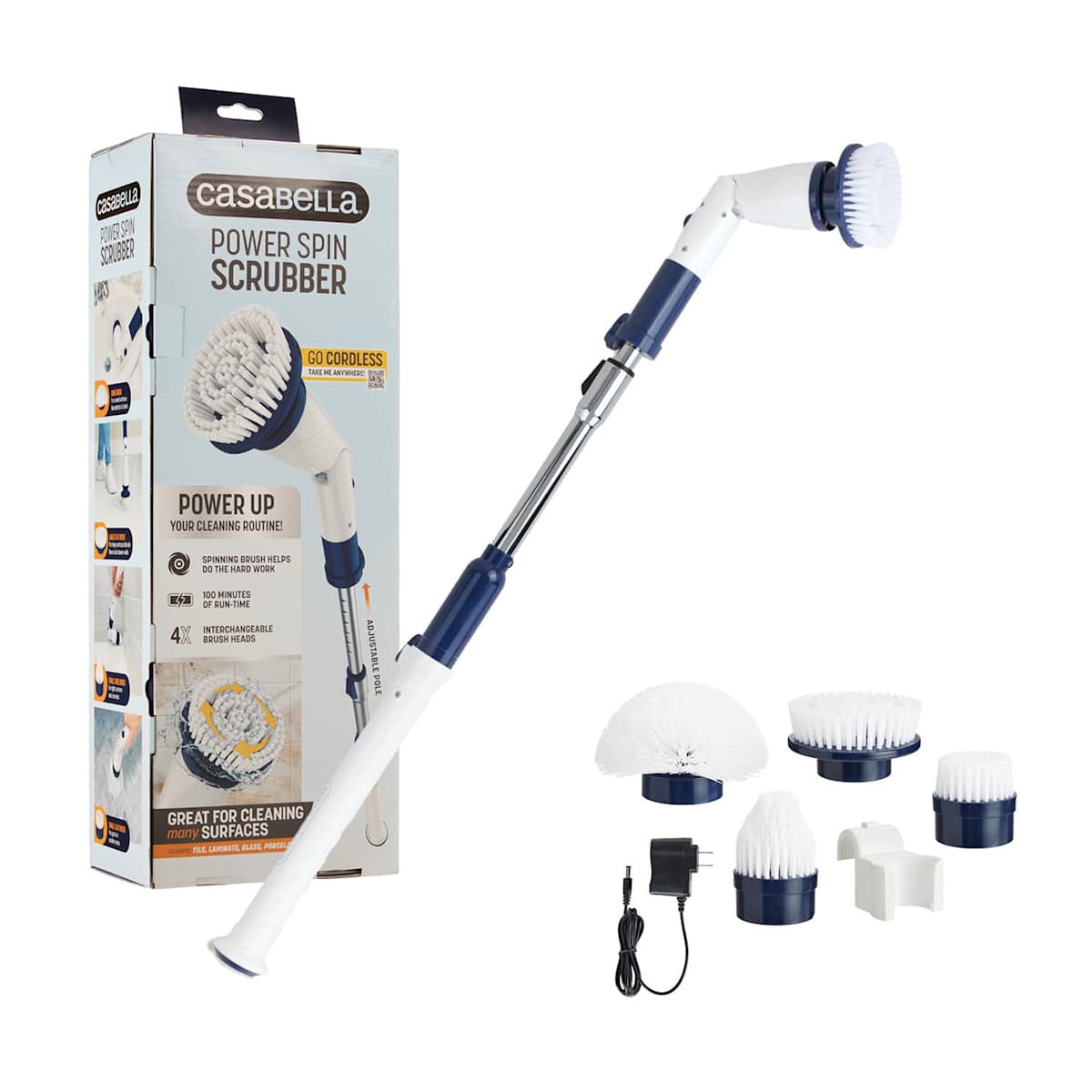 Casabella Extendable Power Spin Scrubber SKU 8501010 with its package and brush attachments.