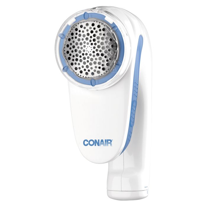 Conair CLS1X battery-operated fabric shaver with adjustable guard and lint chamber on a white background.