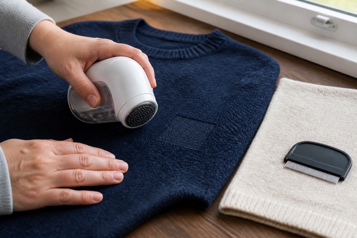 Hands hold an unbranded fabric shaver over a navy knit beside a delicate light knit and a sweater comb.