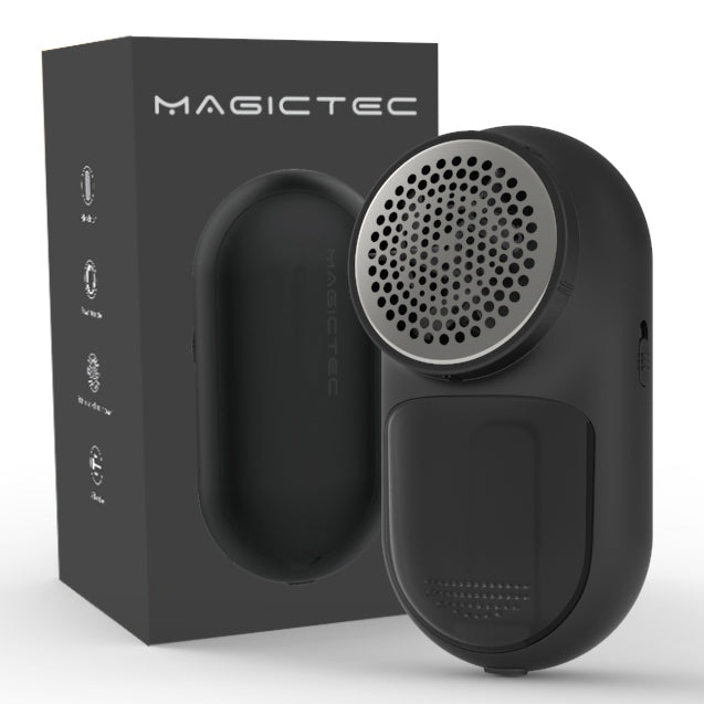 Black Magictec bergw-175 rechargeable fabric shaver with mesh cutting head on a white background.