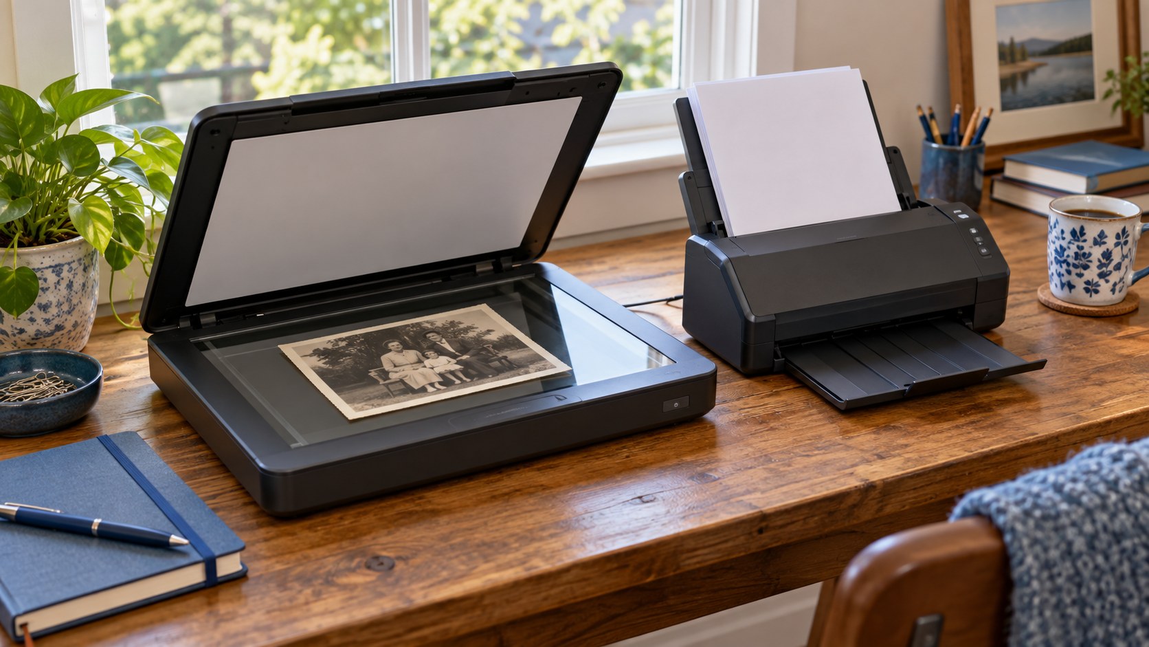 AI illustration of generic flatbed and sheet-fed scanners on a paperwork desk; not the named products.