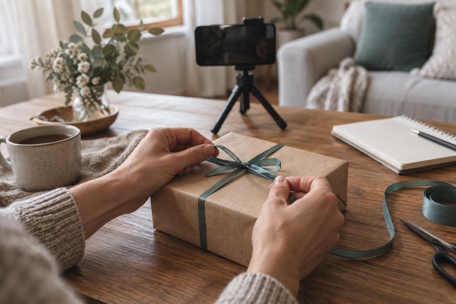 AI illustration of hands tying a ribbon on a gift box near a phone on a small tripod in a living room.